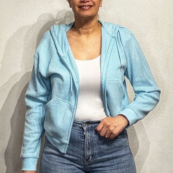 Auden Baby Blue Waffle Knit Front Zip Hooded Sweater Sz M - Picture 5 of 12